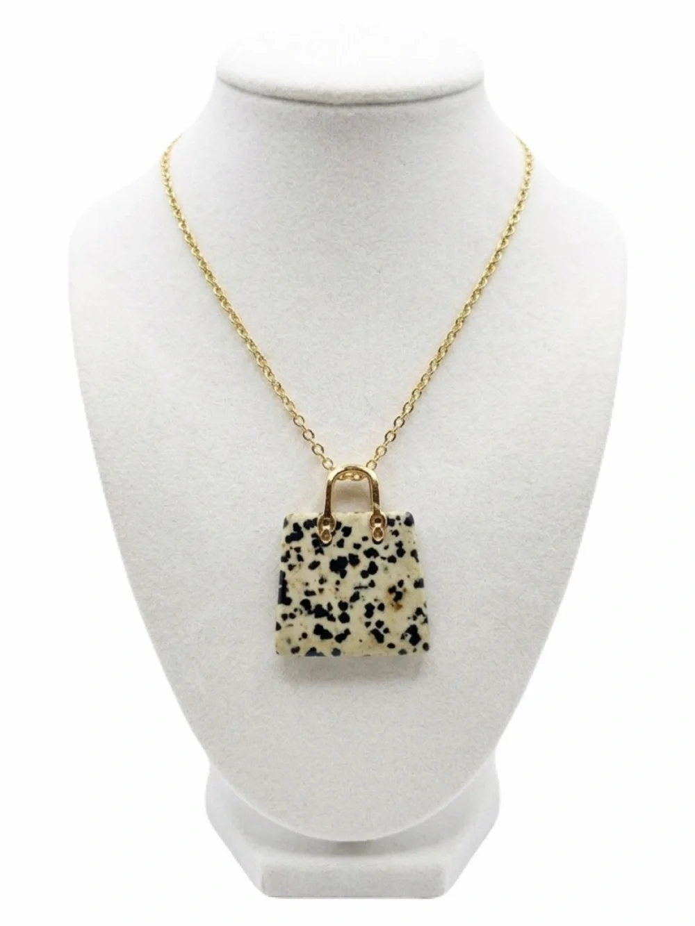 New Artisan 14k Gold Lady Christian Dior Dalmatian Jasper Handbag Necklace - Picture 1 of 17